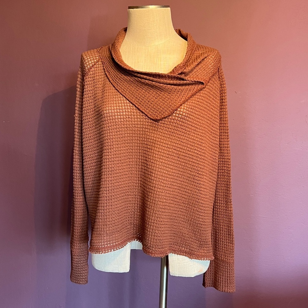 🧡Elan Waffle Knit Cowl Neck Relaxed Top - Brown/Chestnut